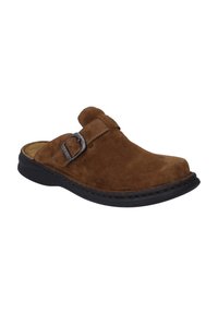 Brown suede slip-on shoe with a rounded toe, featuring a decorative buckle and a black rubber sole. Smooth texture with stitching detail.