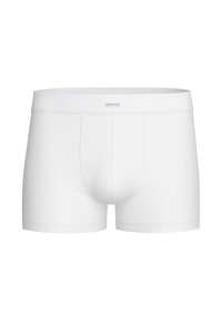 White boxer briefs made from a soft, stretchy fabric. Features a smooth waistband with a logo tag, short legs, and a fitted design.