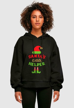 Svart hettegenser med teksten "Santa's little Helper" i rødt, grønt og gull. Inkluderer et rødt alvhat og stripete grønne og røde detaljer.