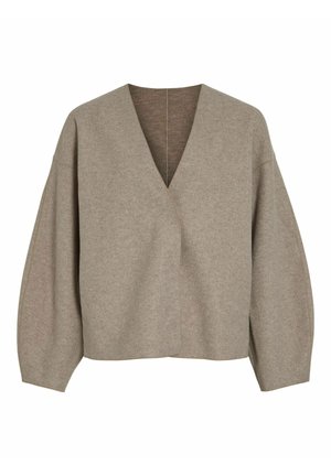 Beige wool blend wrap top with a deep v-neck and wide sleeves. Seam detailing adds structure to the relaxed fit. Soft texture, minimal design.