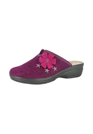 Zoccoli in feltro viola con dettaglio a forma di fiore rosa e accenti argentati sulla parte superiore. Suola in gomma nera con tacco basso per comfort e stabilità.