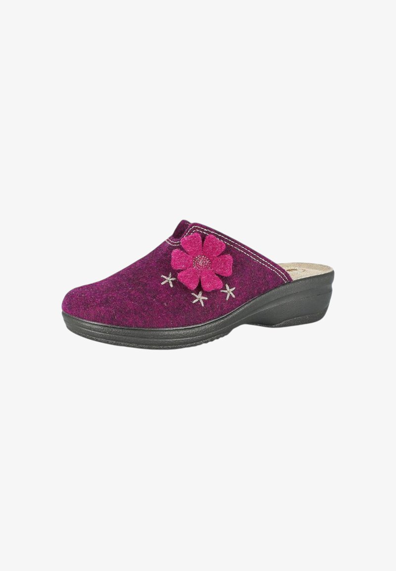 Zoccoli in feltro viola con dettaglio a forma di fiore rosa e accenti argentati sulla parte superiore. Suola in gomma nera con tacco basso per comfort e stabilità.