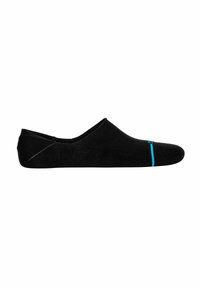 Calzini no-show neri con una texture liscia, forma arrotondata e un accento blu a contrasto nella zona delle dita. Realizzati in tessuto elasticizzato.
