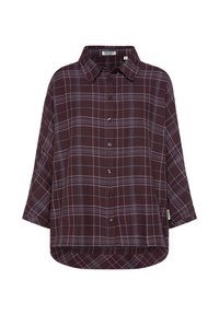 Plum plaid shirt with a collar, button front, and three-quarter sleeves. The fabric features contrasting white and light purple lines.
