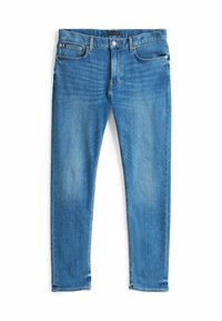 Jeans in denim blu con taglio dritto, caratterizzati da un classico design a cinque tasche, leggere scoloriture e cuciture a contrasto. Girovita standard.