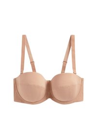 Testszínű pánt nélküli melltartó állítható vállpántokkal és merevítővel, sima alakú kosarakkal, mindennapi viseletre tervezve.
