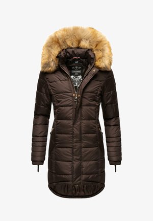 Abrigo de plumas marrón con capucha de piel sintética desmontable, cierre de cremallera en la parte delantera y dos bolsillos laterales. Presenta secciones acolchadas verticales y puños acanalados.