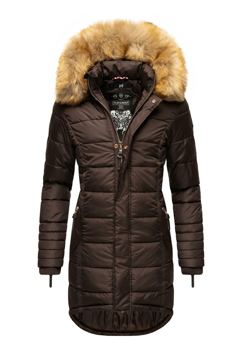 Giacca puffer marrone con cappuccio in pelliccia sintetica rimovibile, chiusura frontale con zip e due tasche laterali. Presenta sezioni trapuntate verticali e polsini a coste.