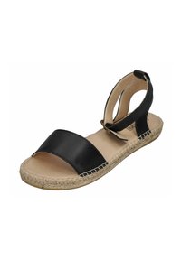 Black leather sandal with wide strap and ankle support, featuring jute-wrapped sole and beige insole. Flat, open design for breathability.