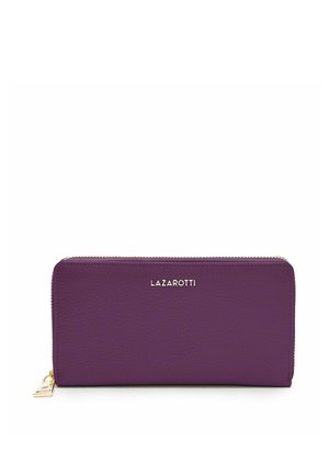 Portefeuille zippé en cuir violet avec fermeture éclair dorée et logo LAZAROTTI au centre devant.