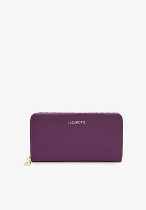 Portefeuille zippé en cuir violet avec fermeture éclair dorée et logo LAZAROTTI au centre devant.