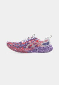 Running shoe with a white mesh upper featuring red and purple abstract patterns, a cushioned purple sole, and reflective silver accents.