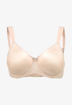 Beige beha met gladde, gemusterde cups, verstelbare bandjes en een decoratieve strik in het midden. Heeft een naadloos ontwerp en comfortabele stof.