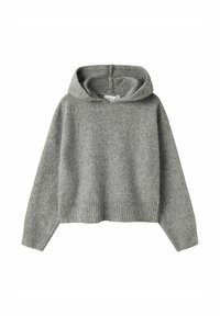 Sweat à capuche gris en tissu tricoté doux, avec un design court, des poignets et un ourlet côtelés, et une texture unie.