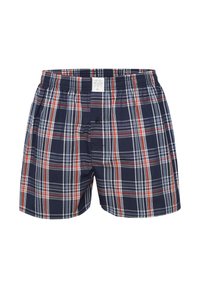 Geruite herenkorte broekjes met een marineblauwe basis en witte, rode en blauwe strepen. Elastaan tailleband met knoopsluiting, gemaakt van zachte stof.