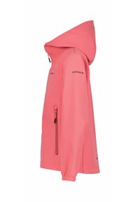 Roze softshell jack met capuchon, voorzien van een voorzak met rits en elastische manchetten. Gemaakt van lichtgewicht, duurzaam materiaal.
