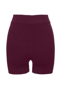 Burgundowe szorty dzianinowe z rowkowanym wzorem i wysokim stanem. Projekt charakteryzuje się dopasowaną sylwetką oraz gładką teksturą, z długością do połowy uda.