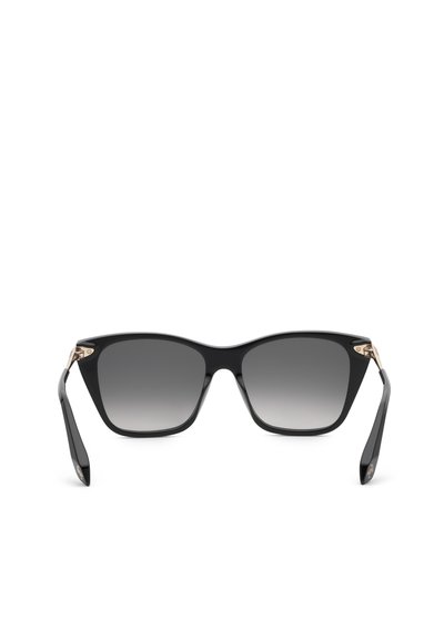 Lunettes de soleil rectangulaires noires avec verres à dégradé foncé et branches fines sur fond blanc.