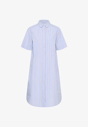 Hellblaues Hemdblusenkleid mit kurzen Ärmeln, vertikalen roten und weißen Streifen, durchgehender Knopfleiste und spitz zulaufendem Kragen, auf weißem Hintergrund präsentiert.