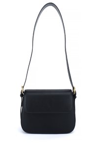 Black leather handbag with a smooth texture, rectangular shape, and a long shoulder strap. Features a flap closure and gold hardware accents.