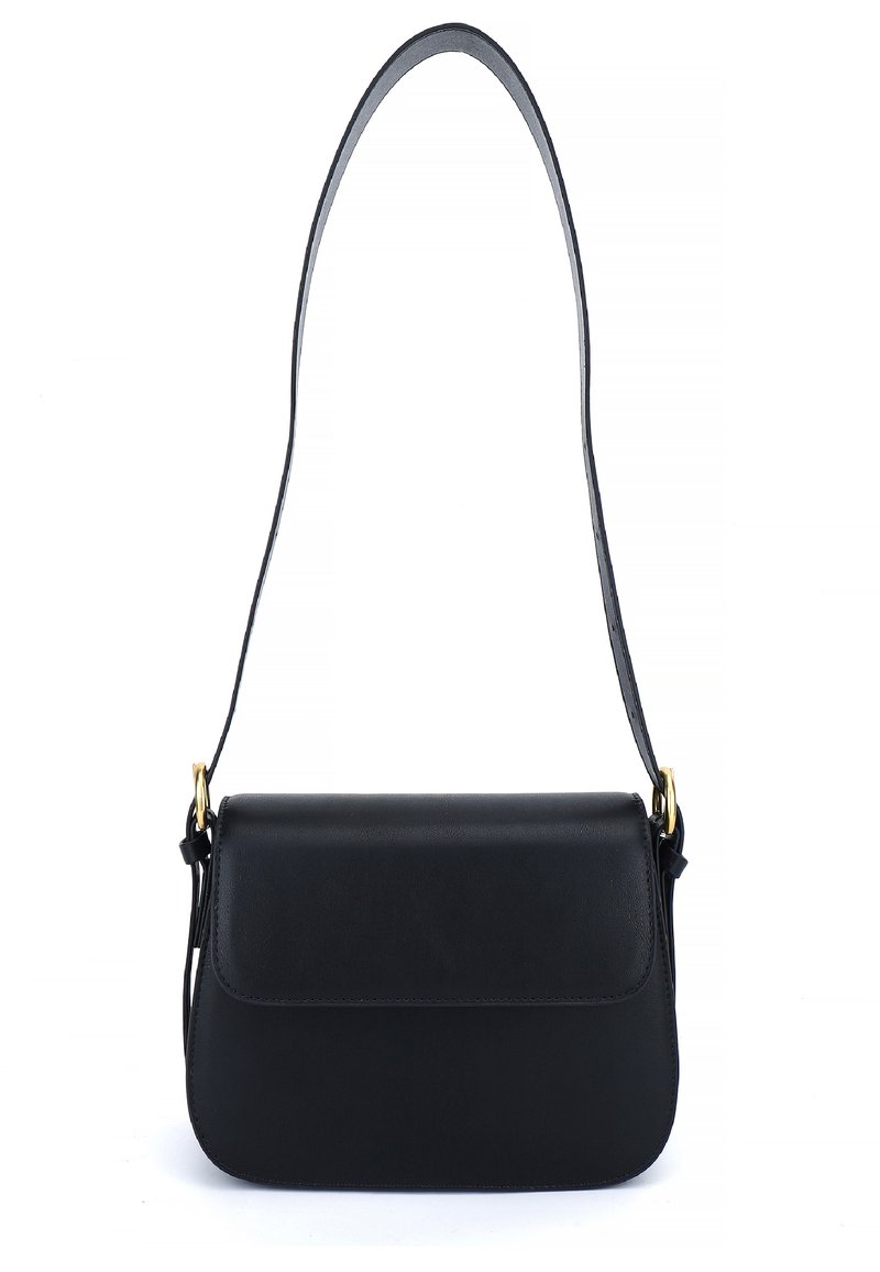Black leather handbag with a smooth texture, rectangular shape, and a long shoulder strap. Features a flap closure and gold hardware accents.