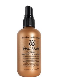 Bumble and bumble Heat Shield Thermal Protection Mist, bronzfärgad flaska med texturerade prickar, svart spraymunstycke, 125 ml, märkta med produktinformation.