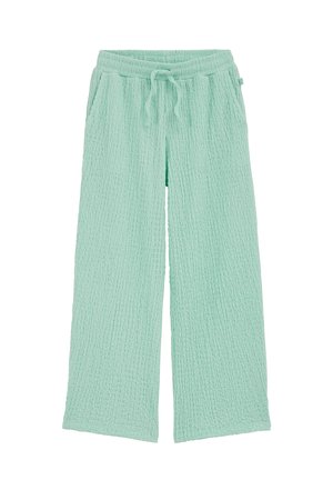 Pantalon large texturé vert clair avec taille élastique et cordon de serrage, poches avant et coupe décontractée.