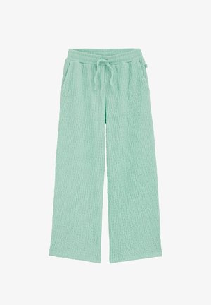 Svijetlozelene hlače širokih nogavica s teksturom, elastičnim pojasom i vezicama, prednjim džepovima te ležernim krojem.