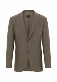 Brauner, leichter Blazer aus strukturiertem Stoff, mit abgestepptem Revers, zwei Knöpfen und einer einzelnen Brusttasche. Das Innenfutter ist vollständig gefüttert.