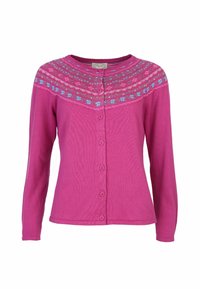 Purple cardigan with long sleeves, button-down front, and floral pattern in pink and blue on the yoke. Soft knit material.