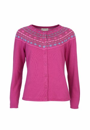 Lila Strickjacke mit langen Ärmeln, Knopfverschluss vorne und floraler Musterung in Pink und Blau an der Passe. Weiches Strickmaterial.