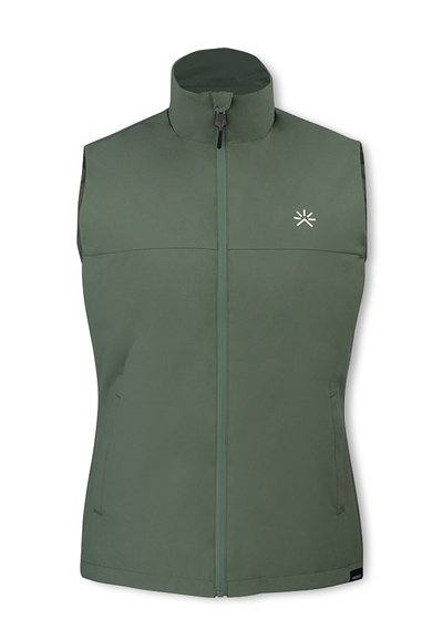 Ärm-lös, olivgrön väst med hög krage, frontdragkedja och sidofickor. Har en diskret vit logotyp på övre vänster sida.
