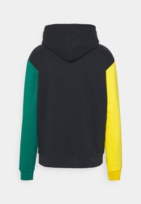 Hooded sweatshirt featuring a black body, with green and yellow sleeves. Made of soft fabric, it has a relaxed fit and ribbed cuffs.