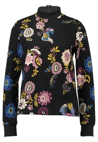 Svart långärmad tröja med hög krage och livfullt blommönster i nyanser av rosa, blått, gult och vitt.