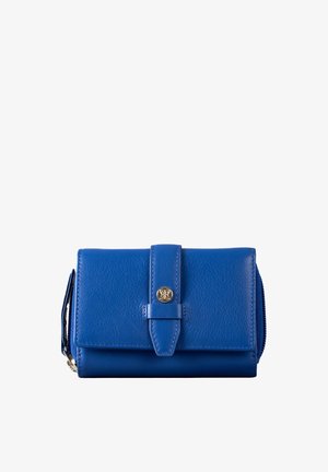 Blue leather wallet with a textured finish, featuring a snap closure, gold hardware accents, and a zippered compartment on the side.