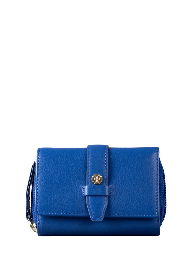 Blue leather wallet with a textured finish, featuring a snap closure, gold hardware accents, and a zippered compartment on the side.