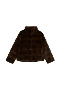 Braune Kunstpelzjacke mit Kragen, langen Ärmeln, horizontalen Nähten und einer kurzen Passform. Weiche Textur.