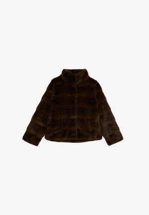 Veste en fausse fourrure marron avec un col, des manches longues, des détails de couture horizontale et un design court. Texture douce.