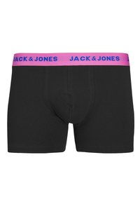 Zwarte boxershorts van glad katoen, met een roze tailleband waarop in blauw "JACK & JONES" staat. Eenvoudig en aansluitend ontwerp.