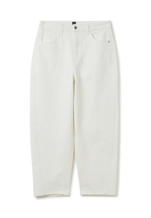 Pantalones de mezclilla blanca con corte relajado, que cuentan con dos bolsillos frontales, costuras visibles y un cierre de botón en la cintura.