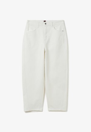 White denim pants with a relaxed fit, featuring two front pockets, visible stitching, and a button closure at the waist.