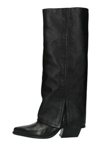 Bottes en cuir noir hautes avec un bout carré et un talon bloc. Présentent une texture lisse et une fente au dos pour un détail supplémentaire.