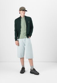 Zaļš kapuce bikšturi virs gaiši zaļas t-krekla, gaiši džinsu šortiem un melniem sporta apaviem. Apģērbu papildina rūtainā cepure.