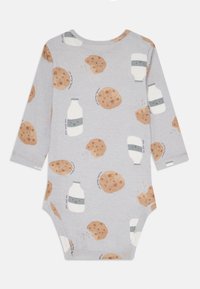 Gray long-sleeve onesie featuring a cookie and milk pattern. Made of soft fabric with a round neck and snap closures at the bottom.