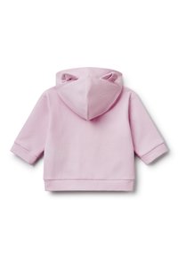 Felpa per bambino di colore rosa chiaro con maniche lunghe, polsini ripiegati e cappuccio con due piccole orecchie in tessuto.
