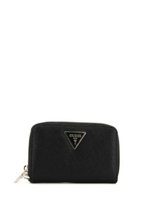 Portafoglio nero con zip realizzato in materiale sintetico testurizzato, caratterizzato da una placca triangolare in argento con logo e dettagli della zip.