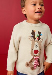 Pull crème avec un motif de renne, nez et écharpe rouges, tissu texturé et pompons multicolores sur les bois.