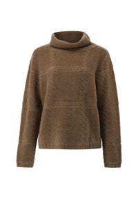 Brauner strukturierter Pullover mit hohem, geripptem Kragen und lockerer Passform. Verfügt über einen gemusterten Stoff mit Bereichen mit erhabenen Texturen und glatten Flächen.