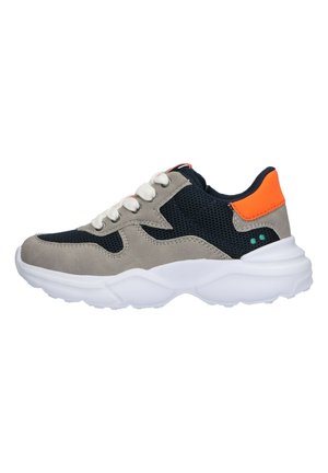 Sporty sneaker featuring a gray suede and mesh upper, navy blue accents, white cushioned sole, and an orange heel tab.