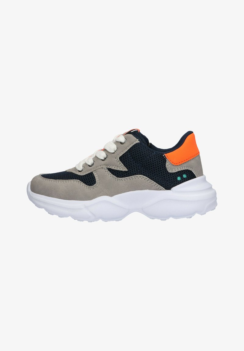 Sporty sneaker featuring a gray suede and mesh upper, navy blue accents, white cushioned sole, and an orange heel tab.